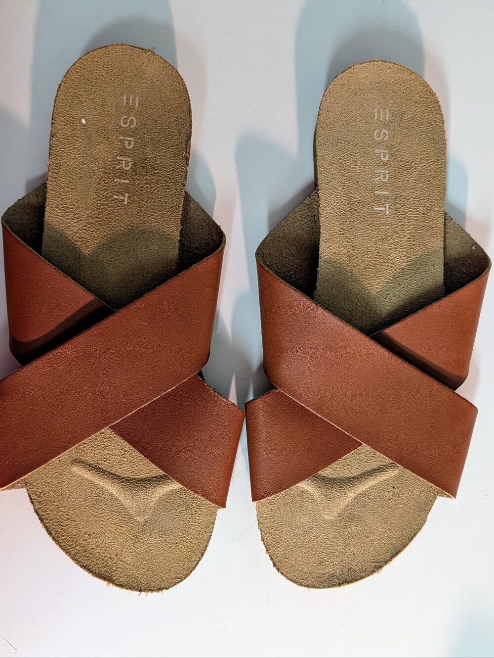 Esprit Cognac Brown Leather Crossband Slide Sandals Size 9